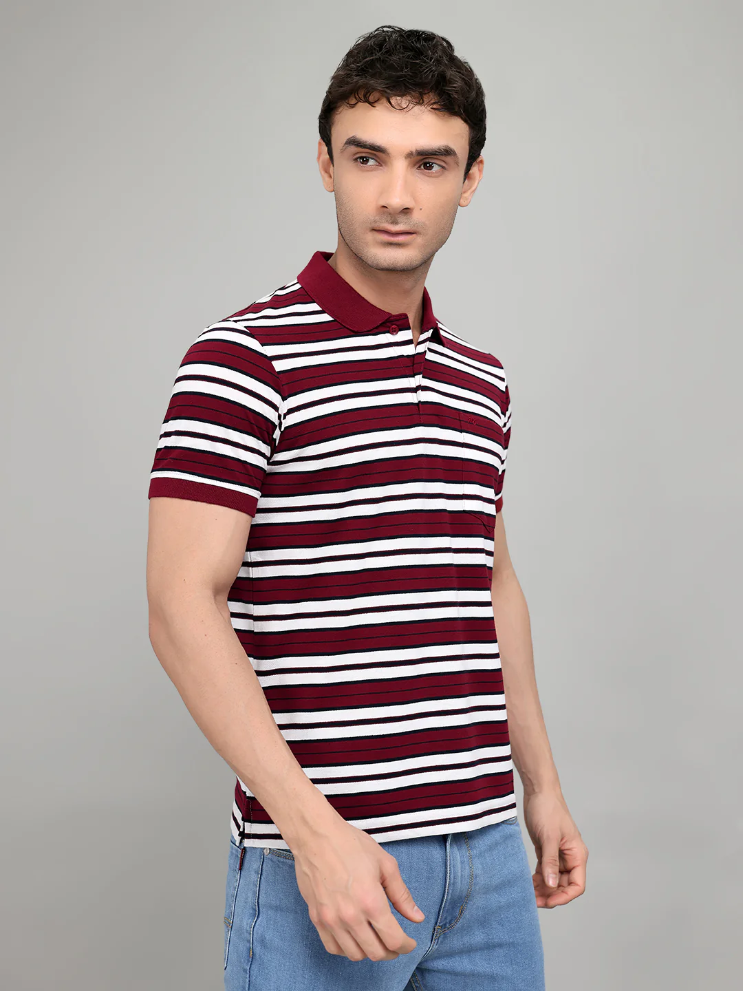Men Maroon Stripe Collar Half Sleeve T-Shirt - Image 3