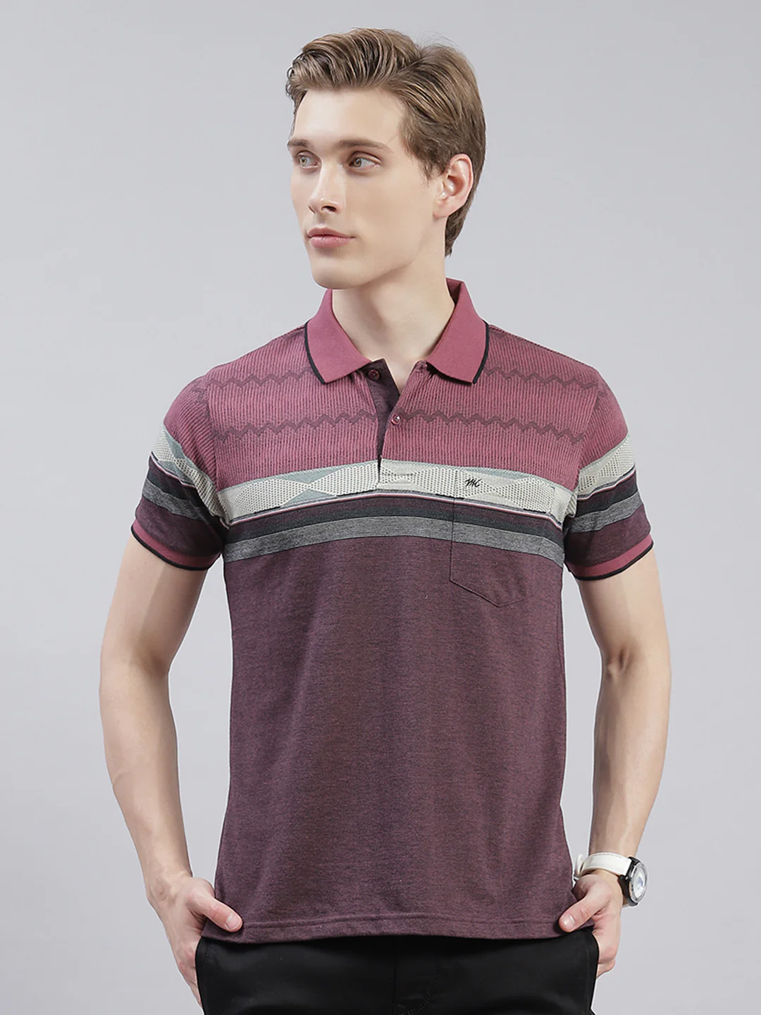 Men Maroon Stripe Collar Half Sleeve T-Shirts - Image 2