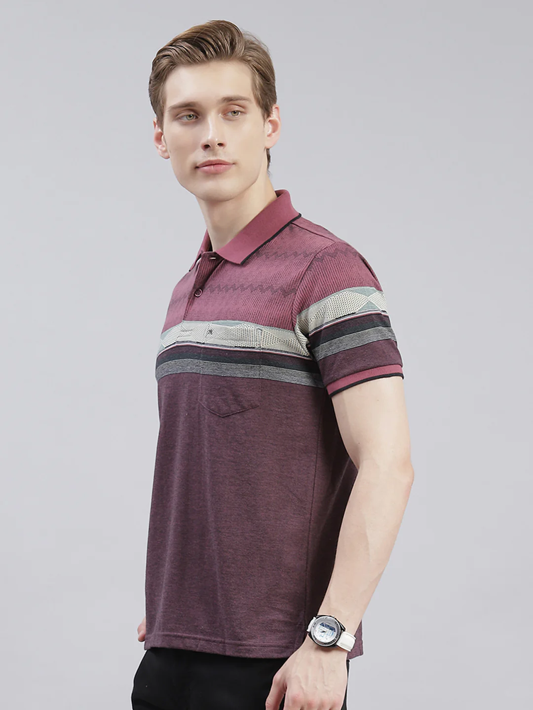 Men Maroon Stripe Collar Half Sleeve T-Shirts - Image 3