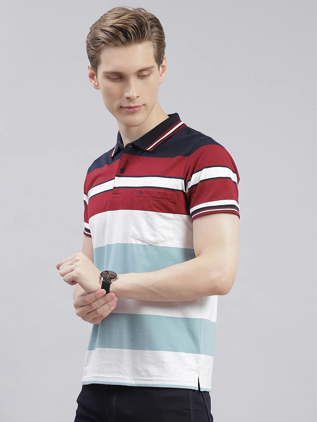 Men Maroon Stripe Collar Half Sleeve T-Shirts - Image 3