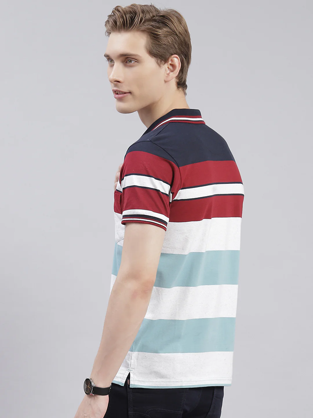 Men Maroon Stripe Collar Half Sleeve T-Shirts - Image 5