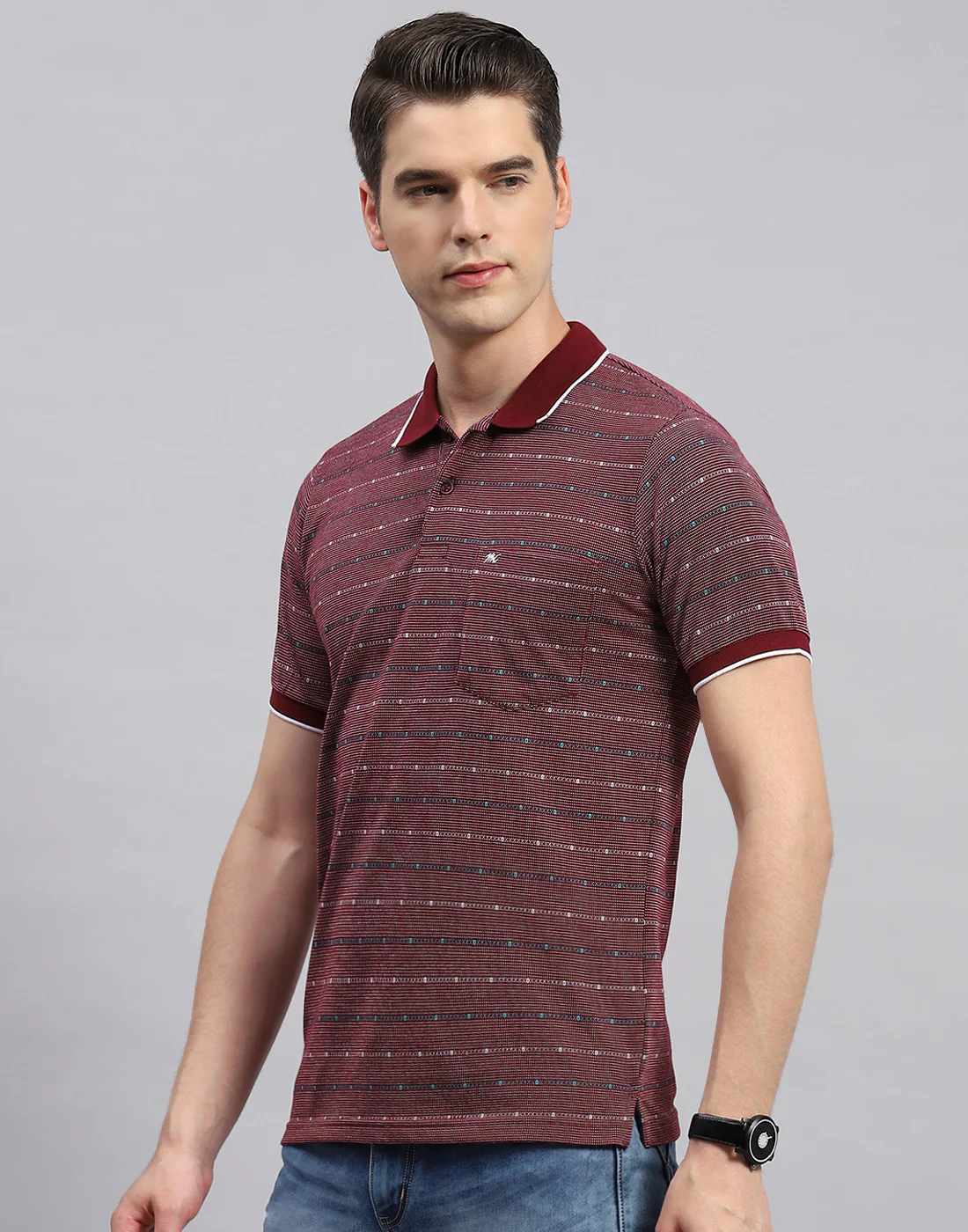 Men Maroon Stripe Collar Neck Half Sleeve T-Shirt - Image 3