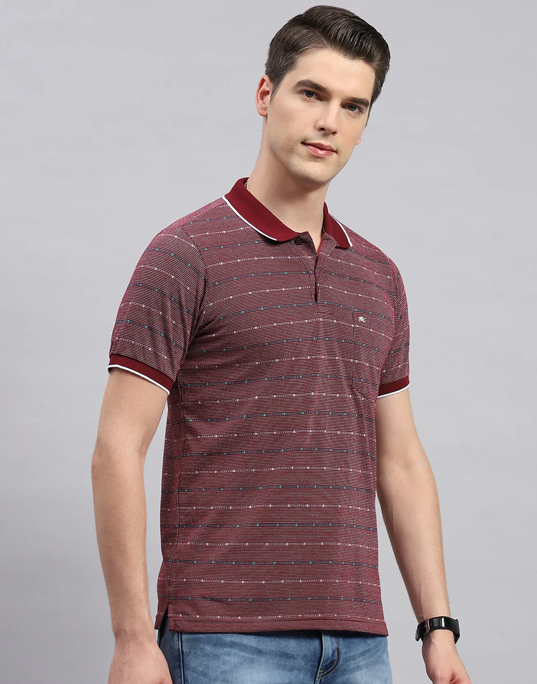 Men Maroon Stripe Collar Neck Half Sleeve T-Shirt - Image 4
