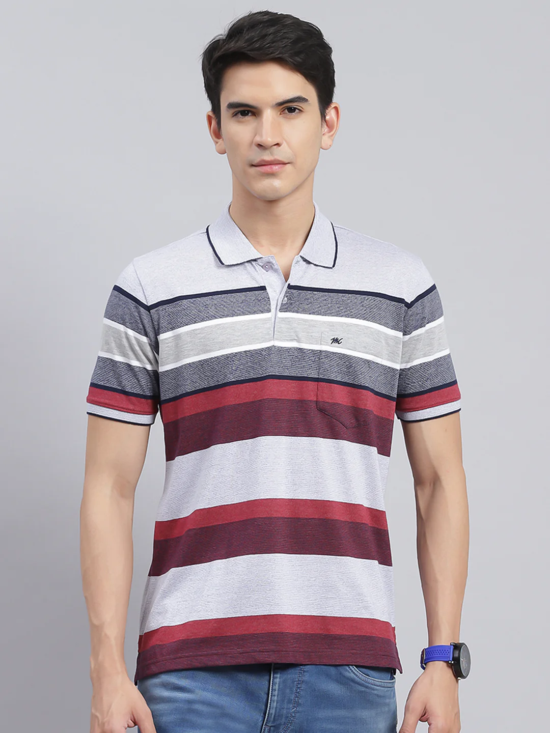 Men Maroon Stripe Cotton Blend T-Shirt - Image 2