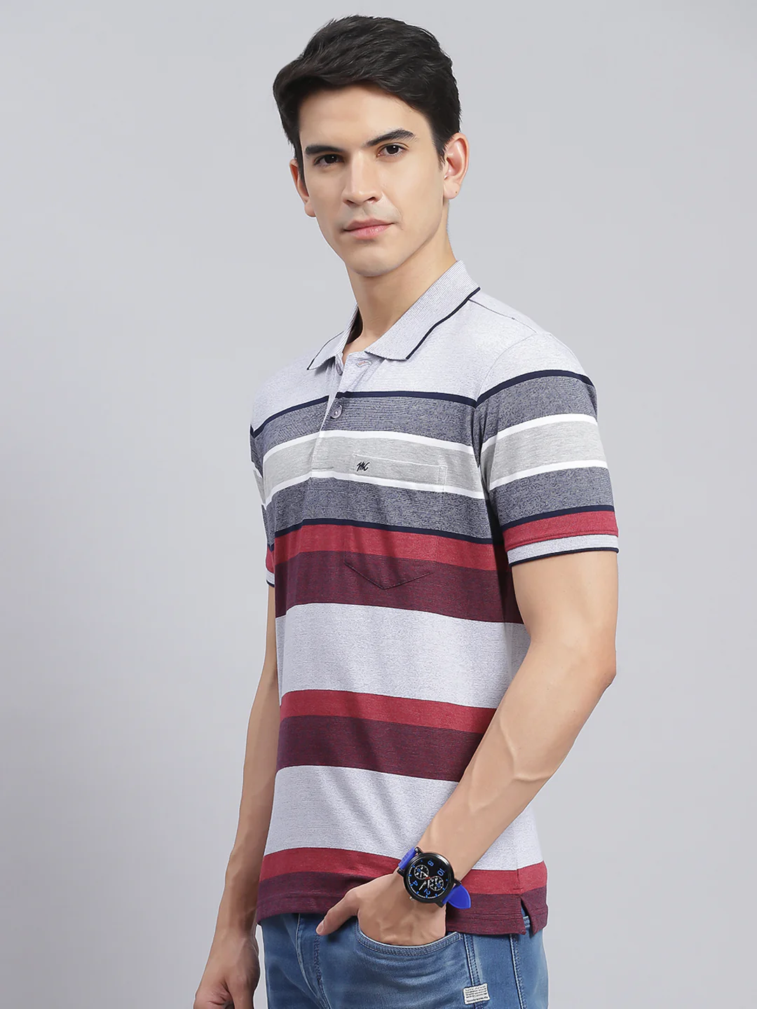 Men Maroon Stripe Cotton Blend T-Shirt - Image 4