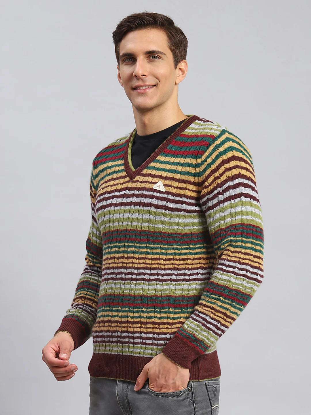 Men Maroon Stripe Lamb wool Pullover - Image 3