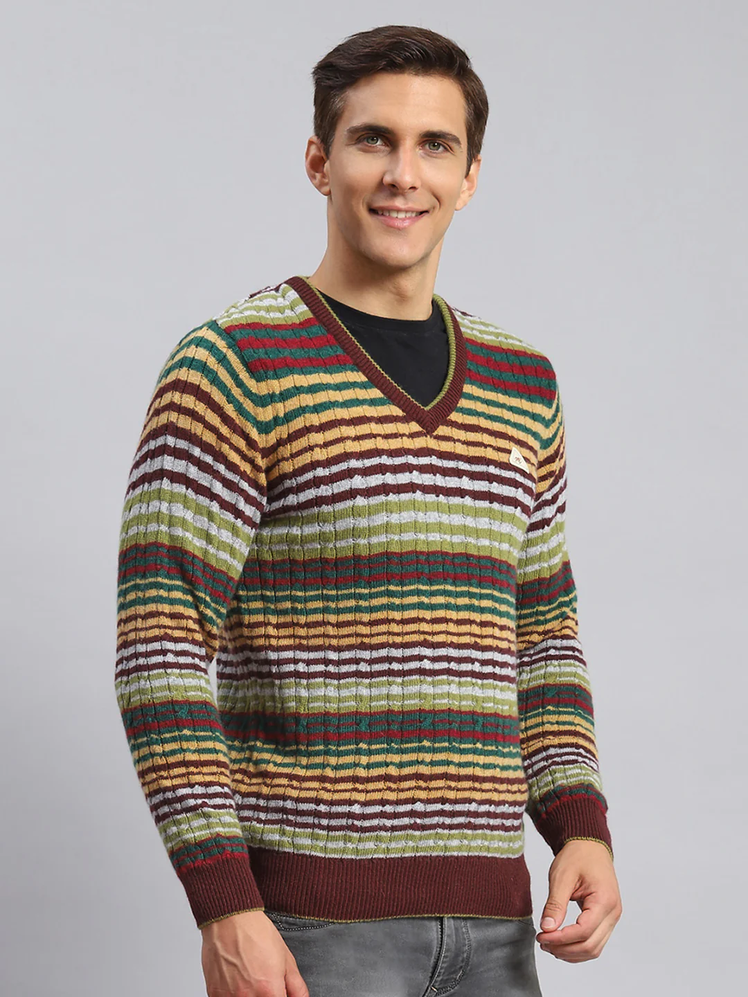 Men Maroon Stripe Lamb wool Pullover - Image 4
