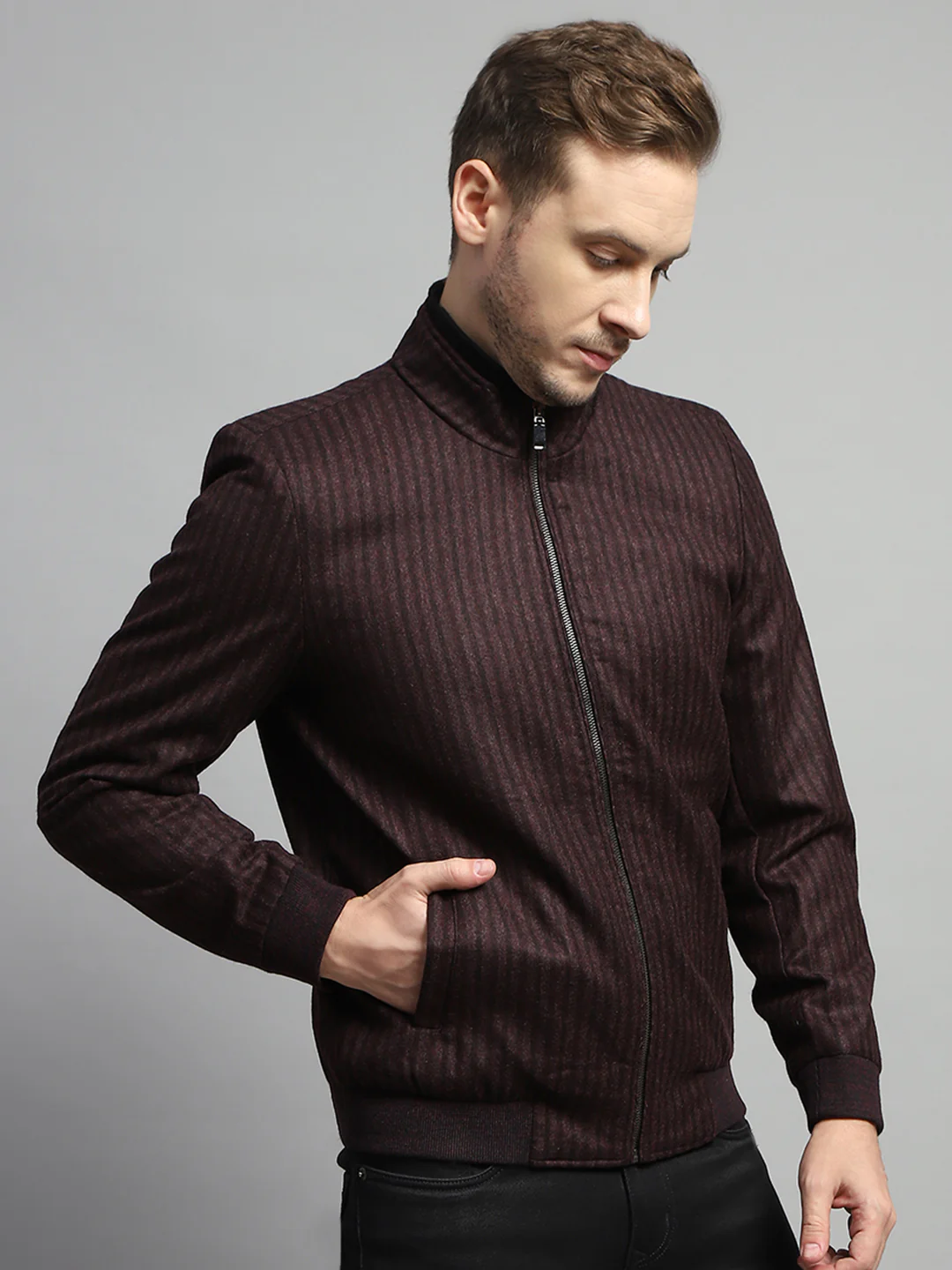 Luxuria Men Maroon Stripe Mock Neck Full Sleeve Coat - Image 4