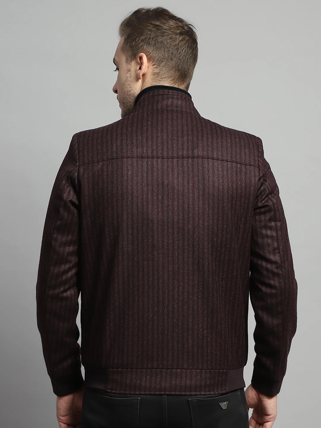 Luxuria Men Maroon Stripe Mock Neck Full Sleeve Coat - Image 5