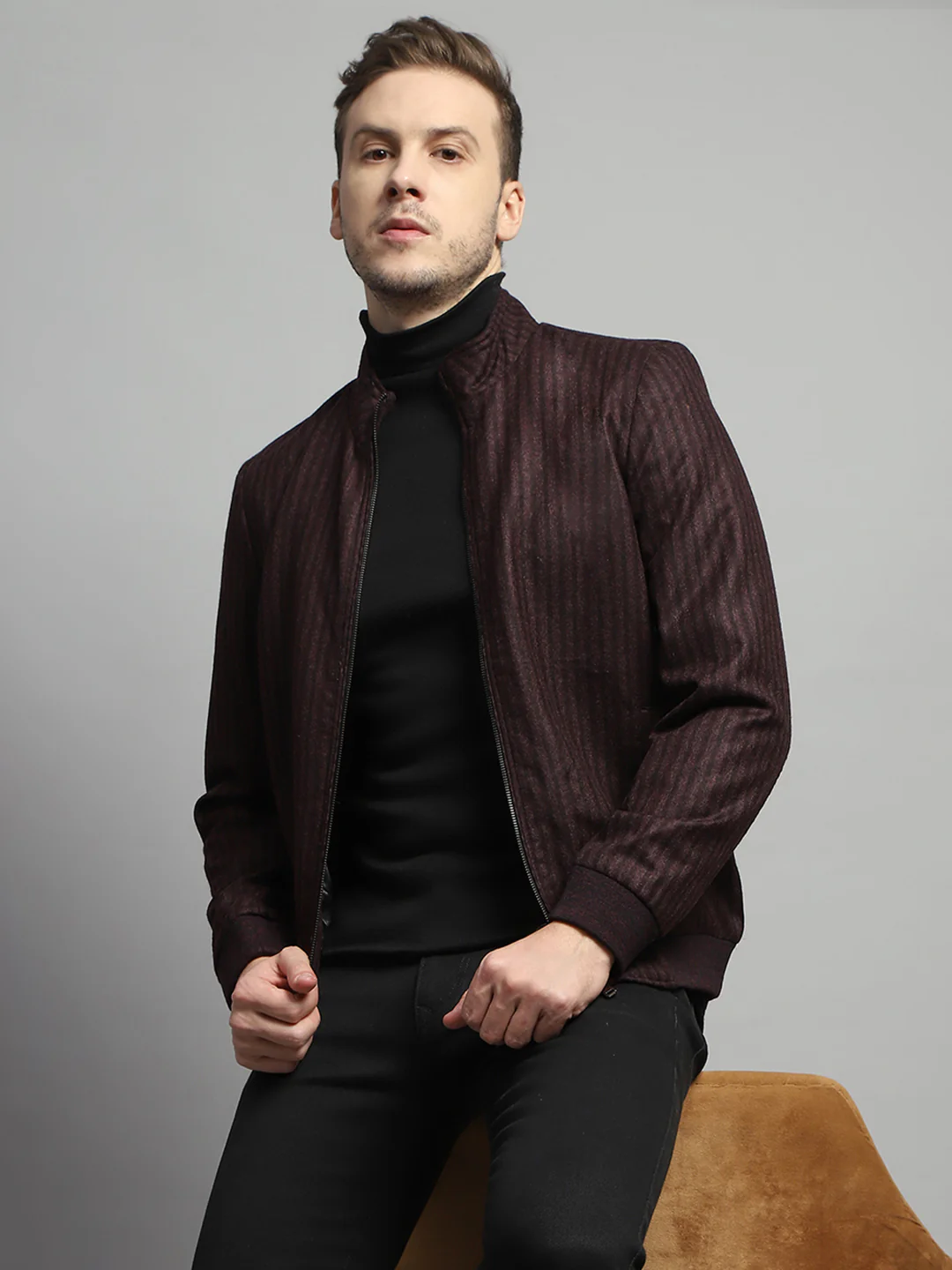 Luxuria Men Maroon Stripe Mock Neck Full Sleeve Coat - Image 6