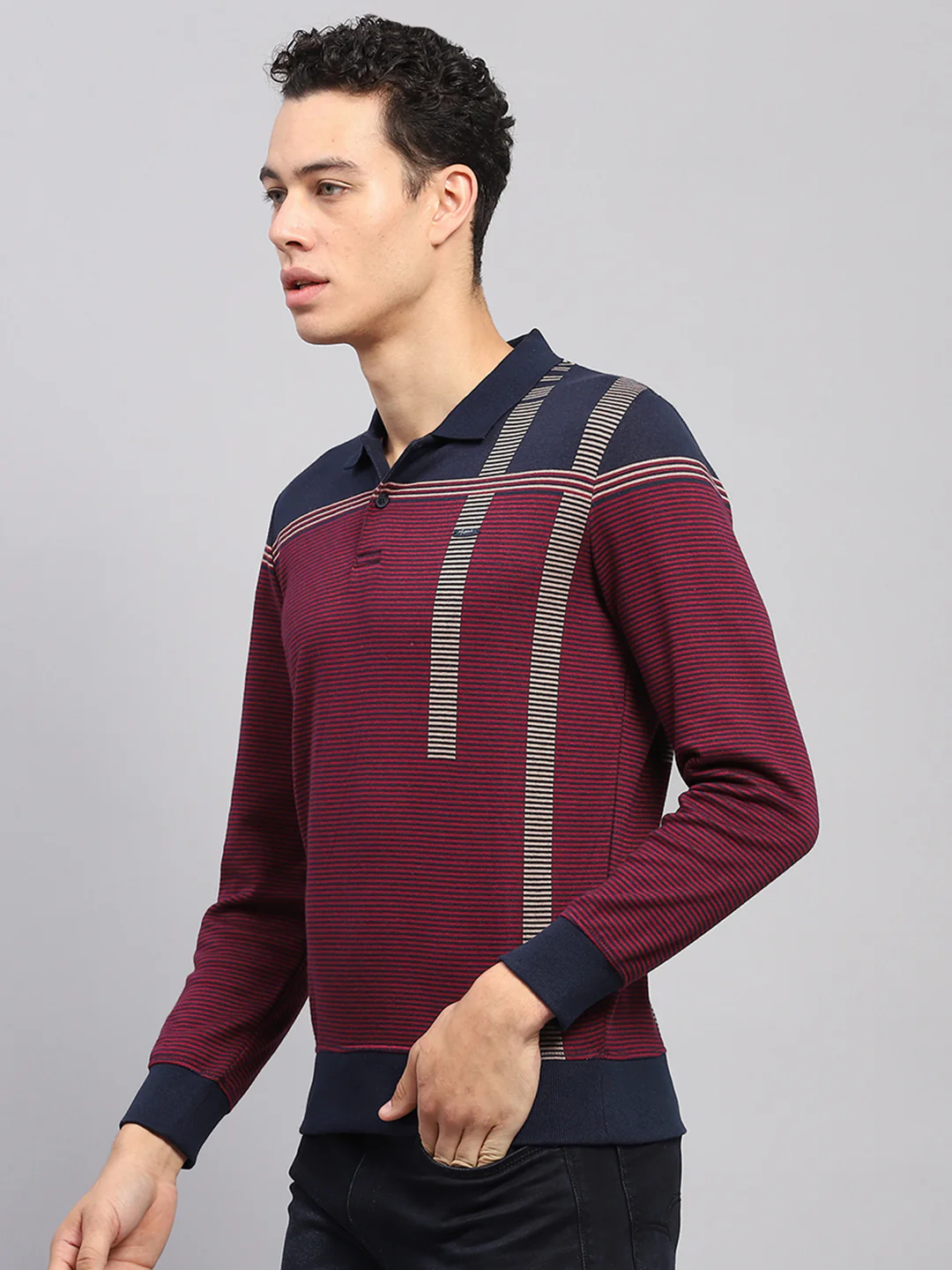 Men Maroon Stripe Polo Collar Full Sleeve Sweatshirt - Image 3