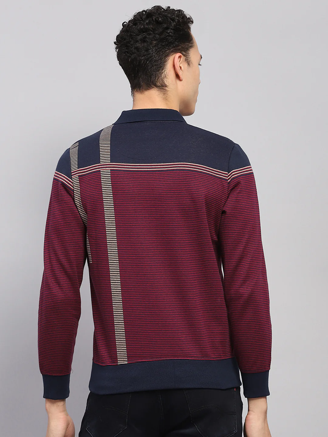 Men Maroon Stripe Polo Collar Full Sleeve Sweatshirt - Image 5