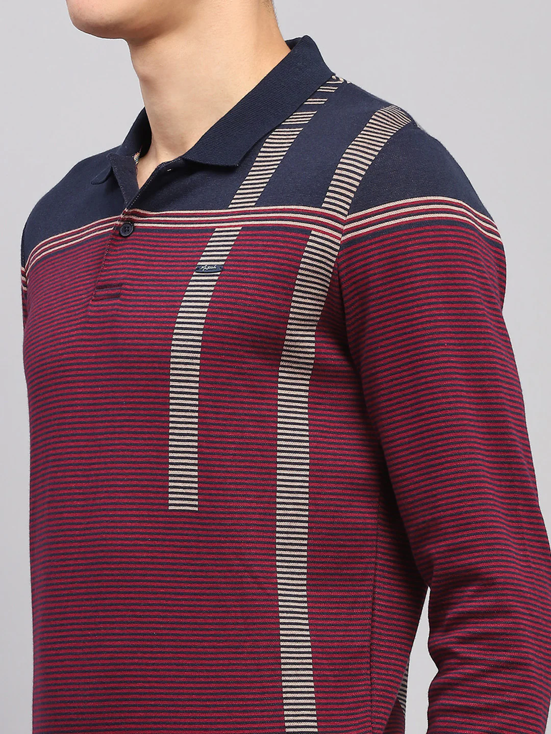 Men Maroon Stripe Polo Collar Full Sleeve Sweatshirt - Image 6