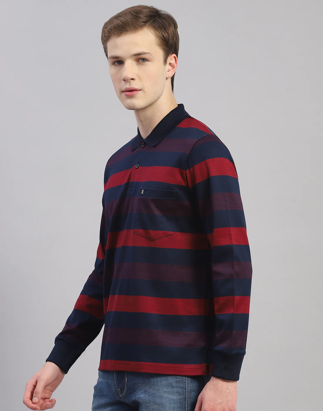 Men Maroon Stripe Polo Collar Full Sleeve T-Shirt - Image 3
