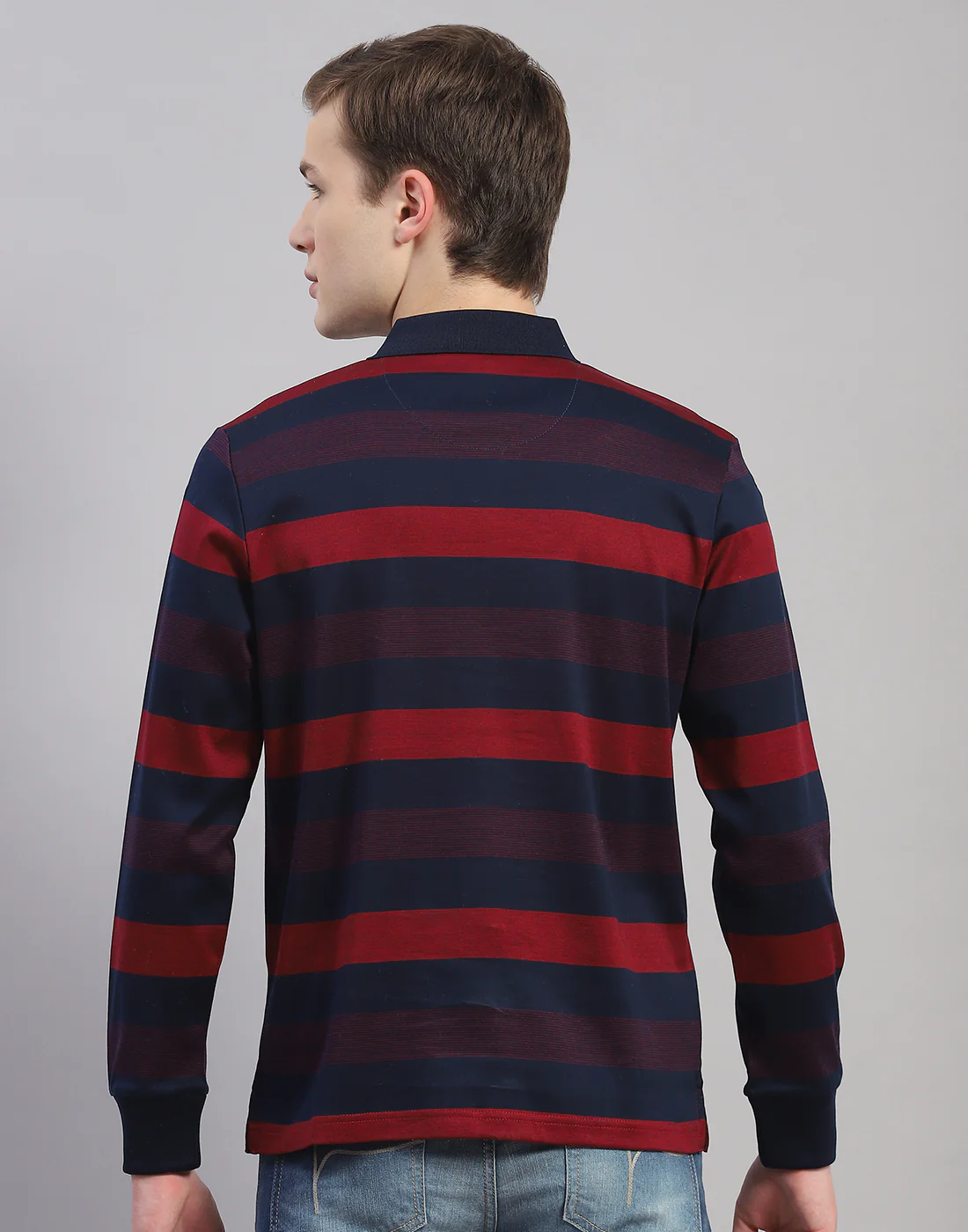 Men Maroon Stripe Polo Collar Full Sleeve T-Shirt - Image 5