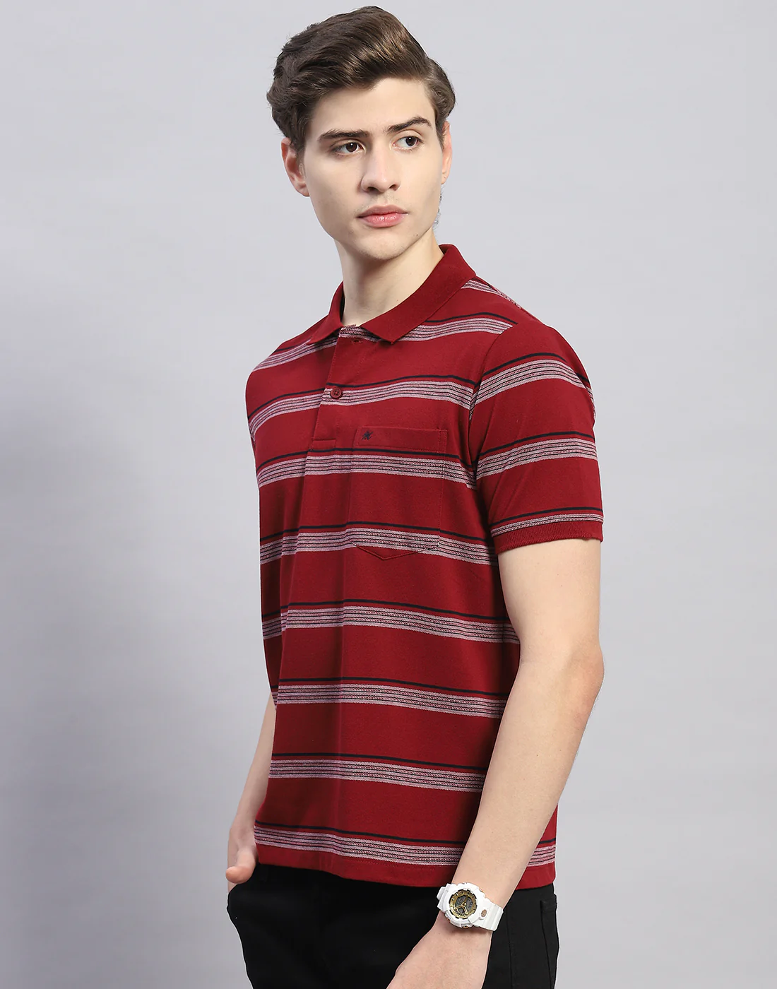Men Maroon Stripe Polo Collar Half Sleeve T-Shirt - Image 3