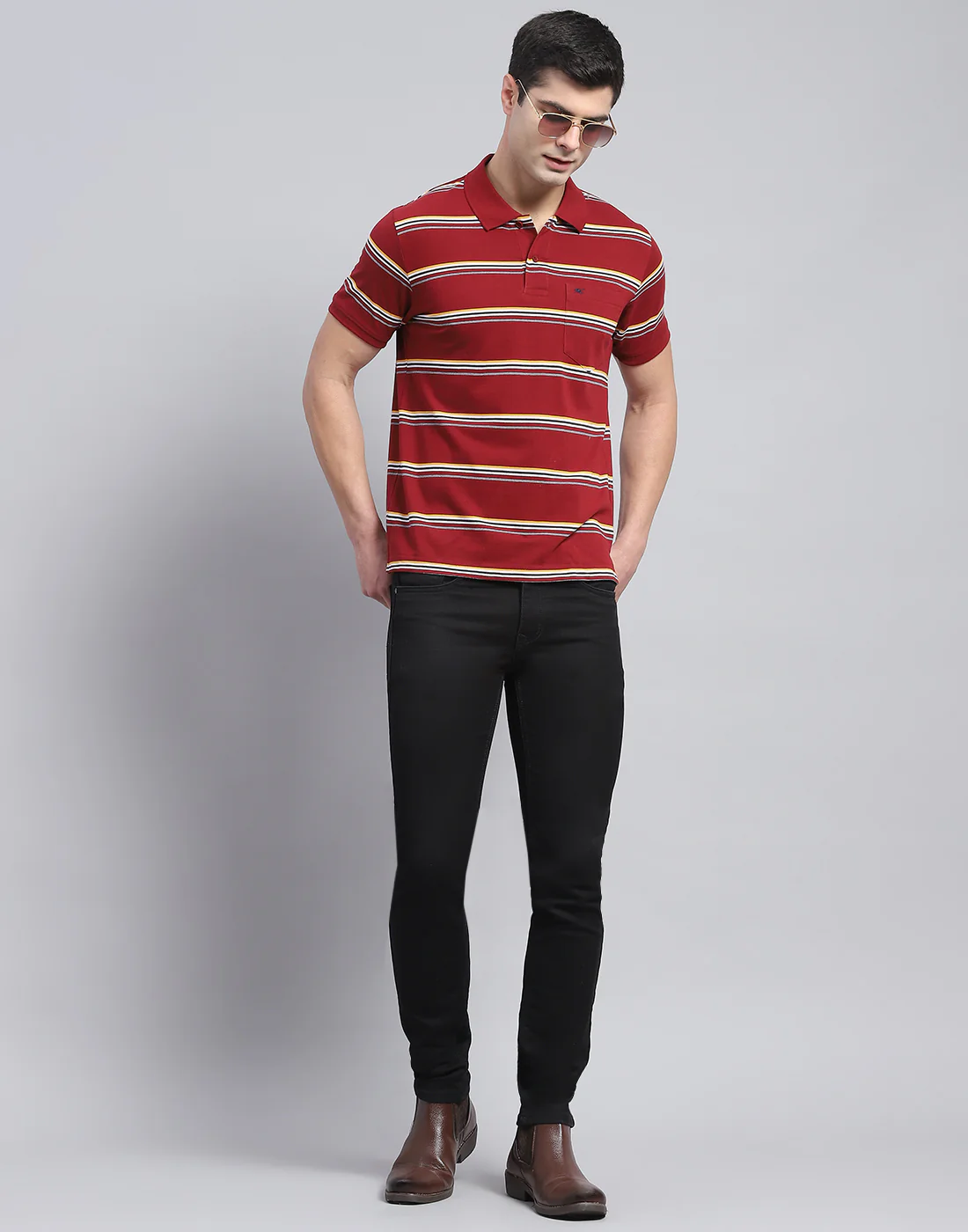 Men Maroon Stripe Polo Collar Half Sleeve T-Shirt - Image 2