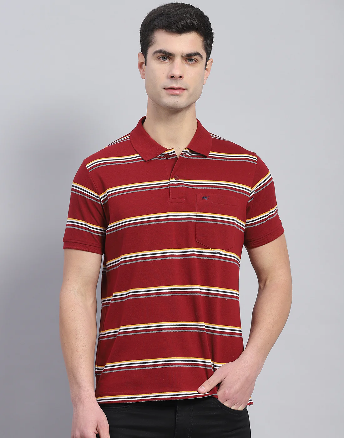 Men Maroon Stripe Polo Collar Half Sleeve T-Shirt - Image 3