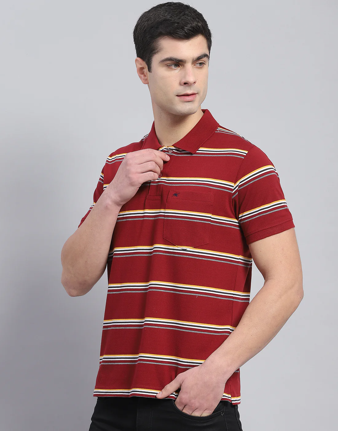 Men Maroon Stripe Polo Collar Half Sleeve T-Shirt - Image 4