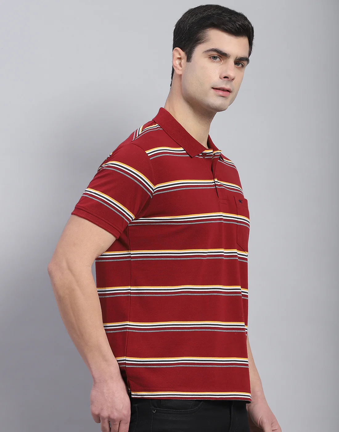 Men Maroon Stripe Polo Collar Half Sleeve T-Shirt - Image 5
