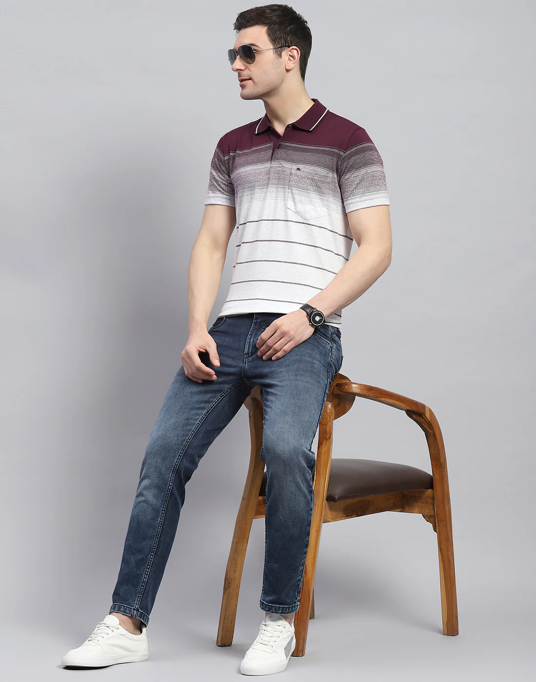 Men Maroon Stripe Polo Collar Half Sleeve T-Shirt - Image 2