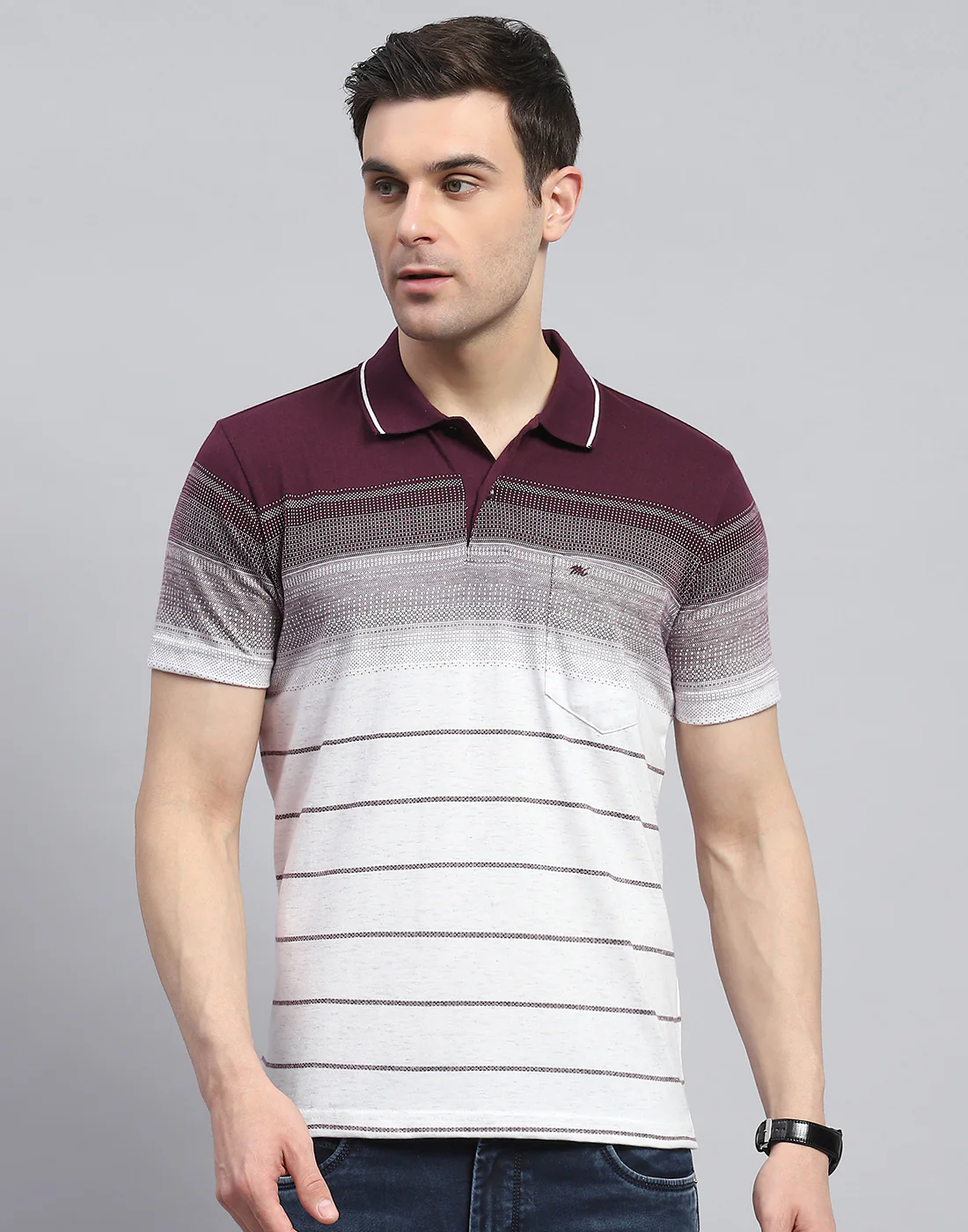 Men Maroon Stripe Polo Collar Half Sleeve T-Shirt - Image 3