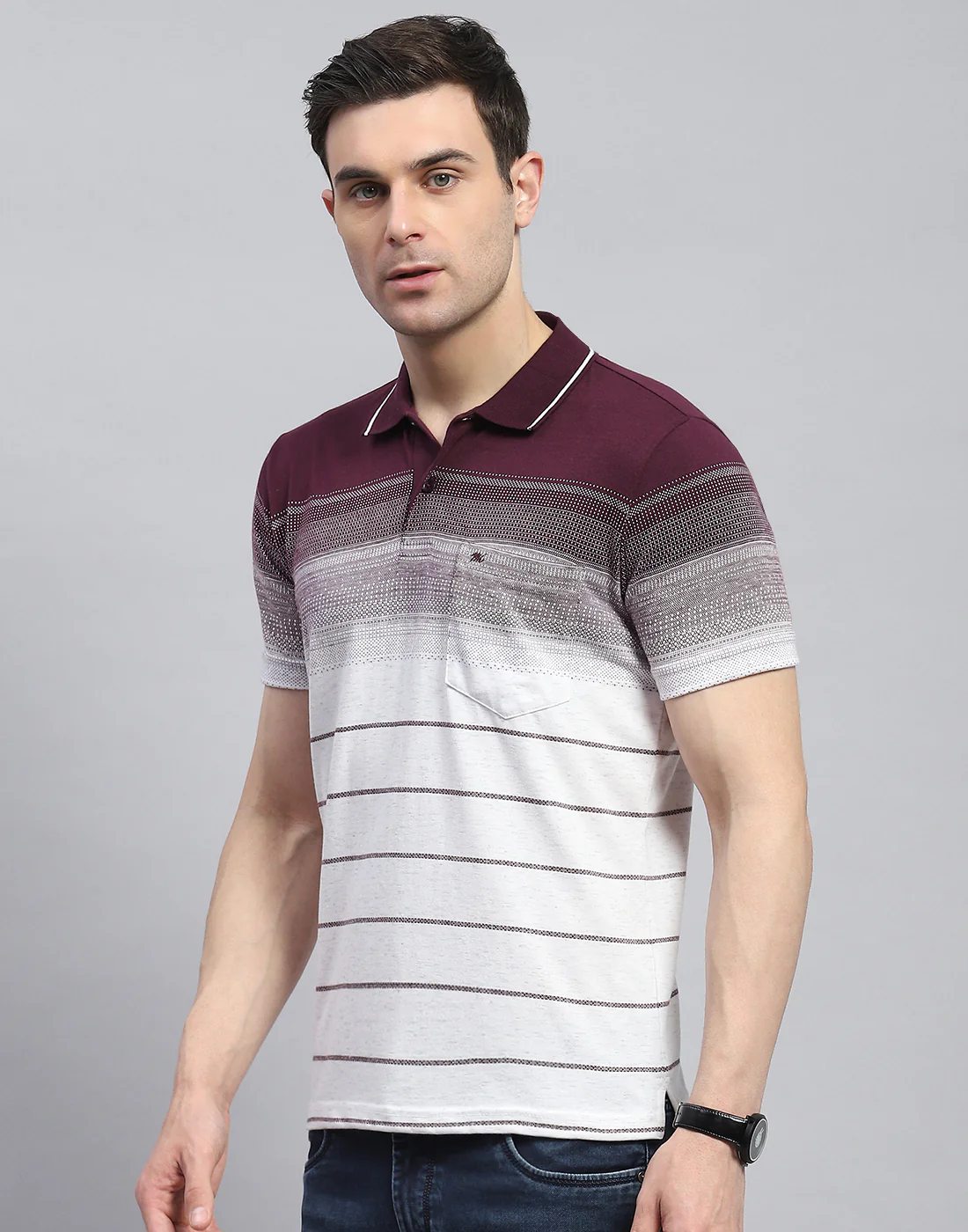 Men Maroon Stripe Polo Collar Half Sleeve T-Shirt - Image 4