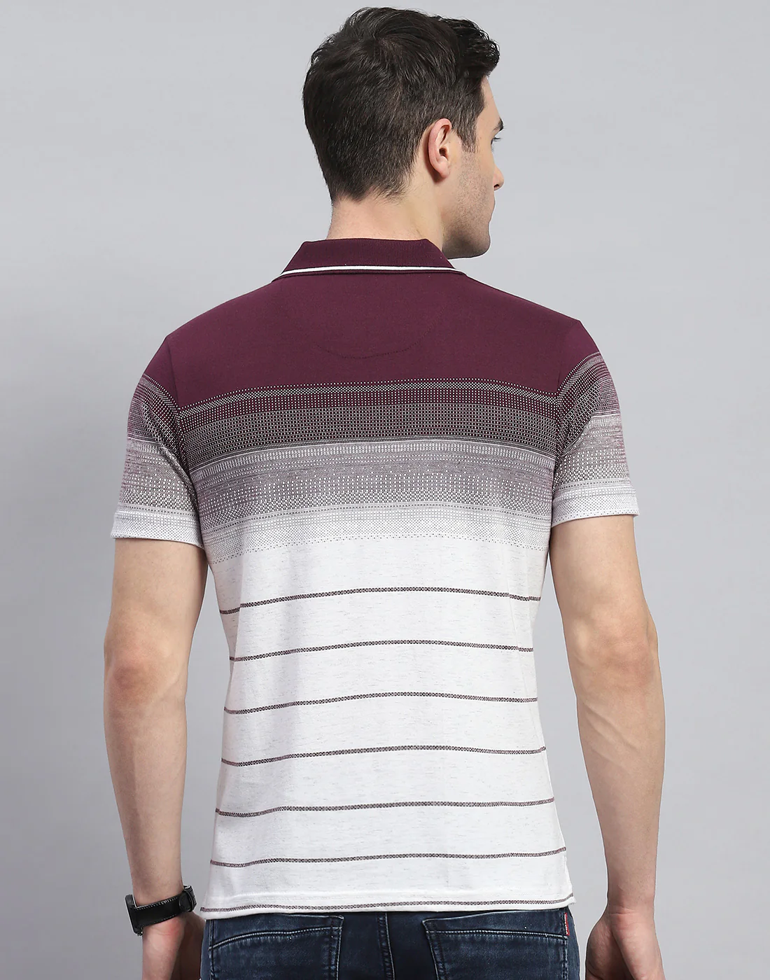 Men Maroon Stripe Polo Collar Half Sleeve T-Shirt - Image 6