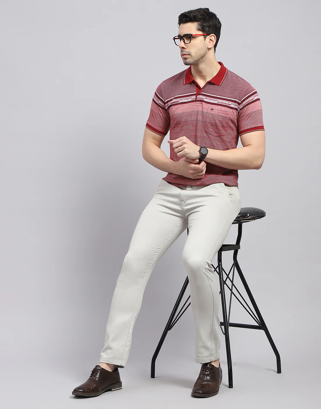 Men Maroon Stripe Polo Collar Half Sleeve T-Shirt - Image 2