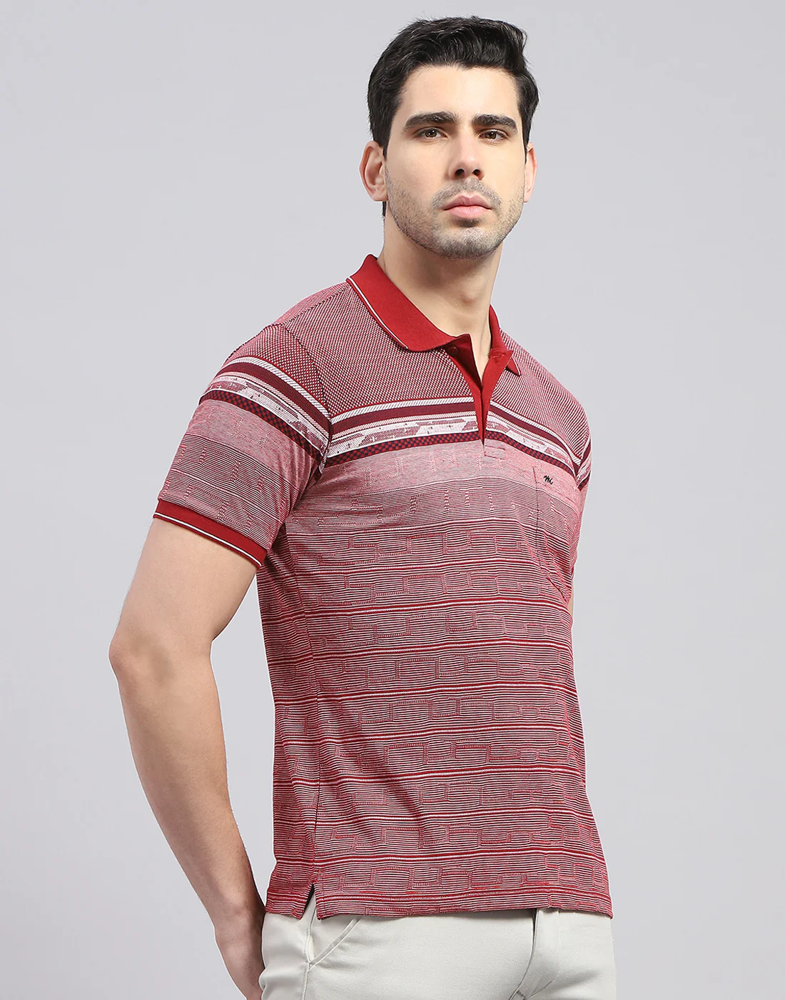 Men Maroon Stripe Polo Collar Half Sleeve T-Shirt - Image 5