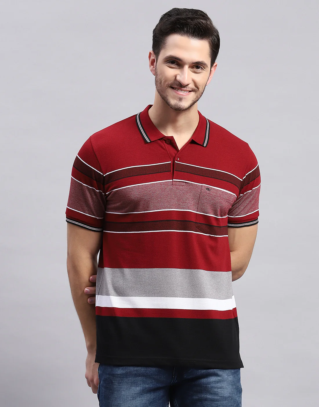 Men Maroon Stripe Polo Collar Half Sleeve T-Shirt - Image 3