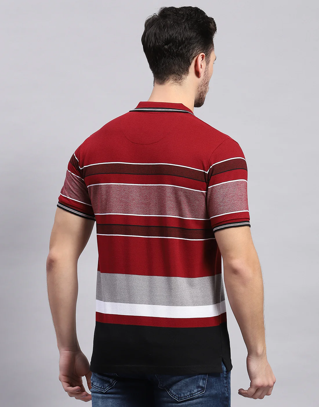 Men Maroon Stripe Polo Collar Half Sleeve T-Shirt - Image 6