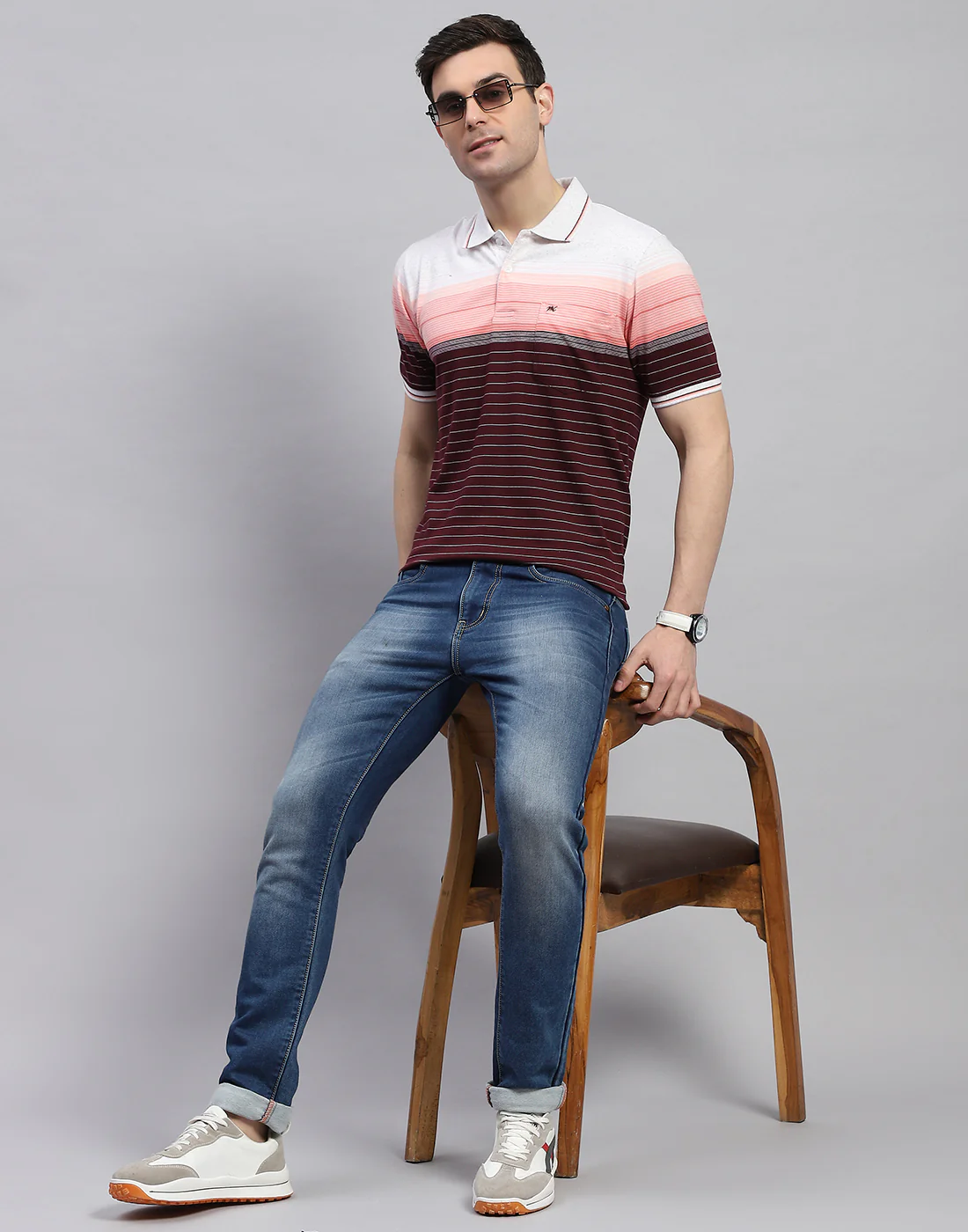 Men Maroon Stripe Polo Collar Half Sleeve T-Shirt - Image 2