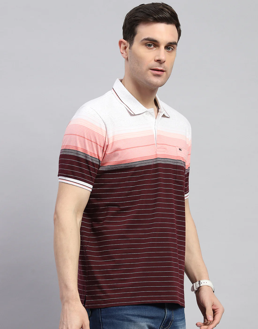 Men Maroon Stripe Polo Collar Half Sleeve T-Shirt - Image 4