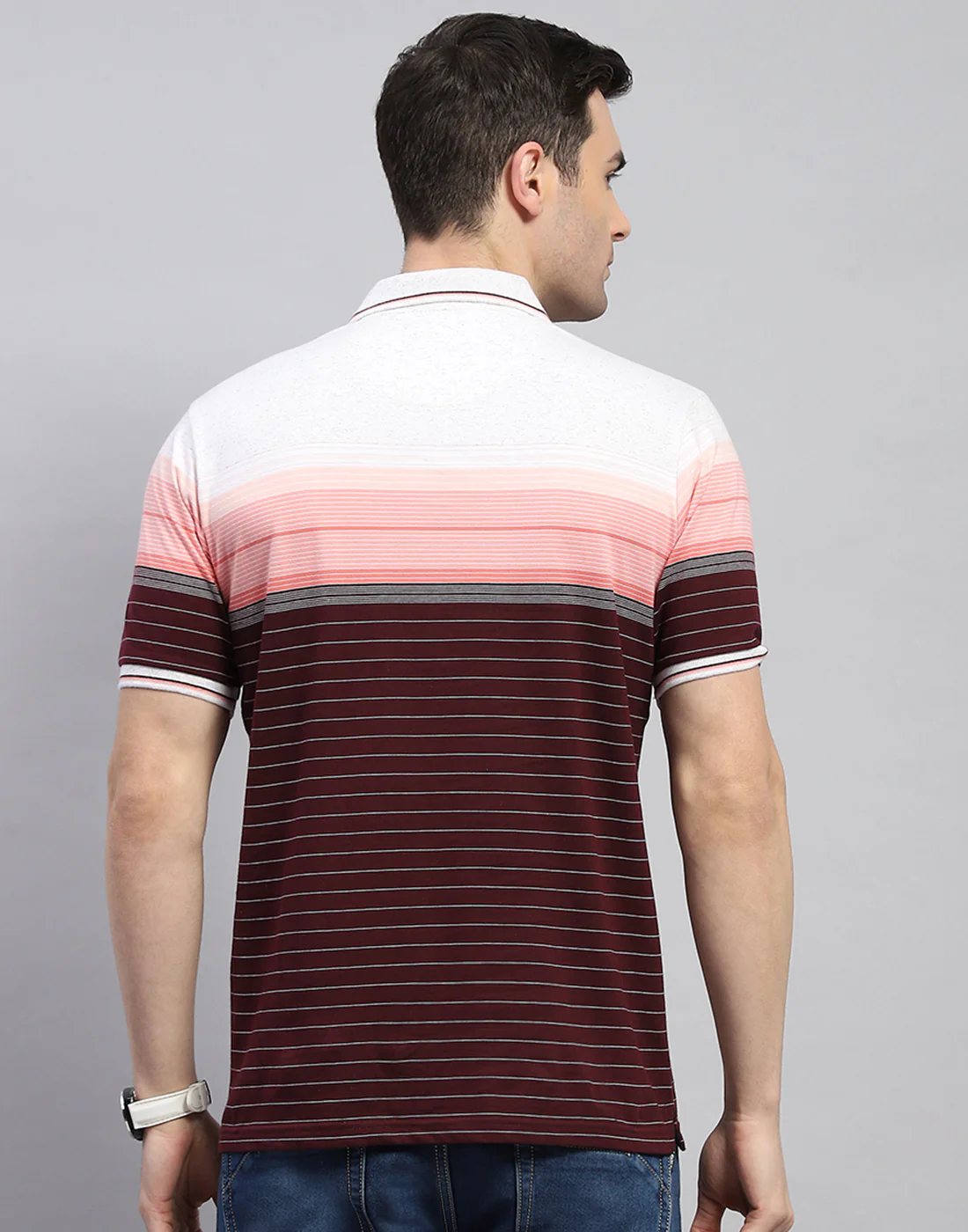 Men Maroon Stripe Polo Collar Half Sleeve T-Shirt - Image 5
