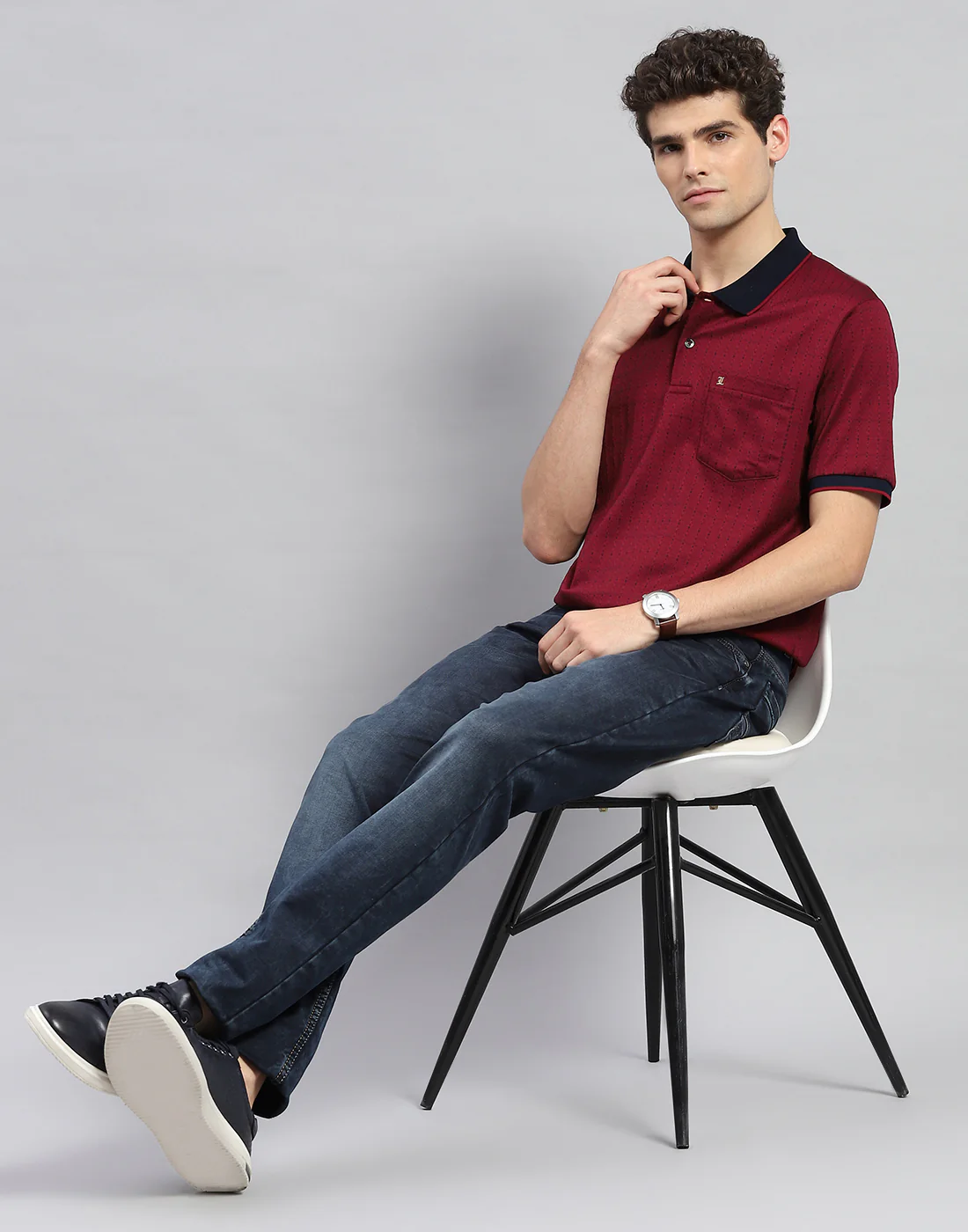 Men Maroon Stripe Polo Collar Half Sleeve T-Shirt - Image 2