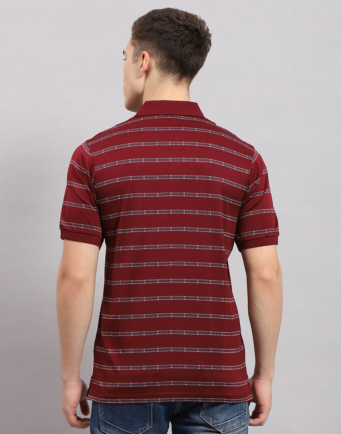Men Maroon Stripe Polo Collar Half Sleeve T-Shirt - Image 5