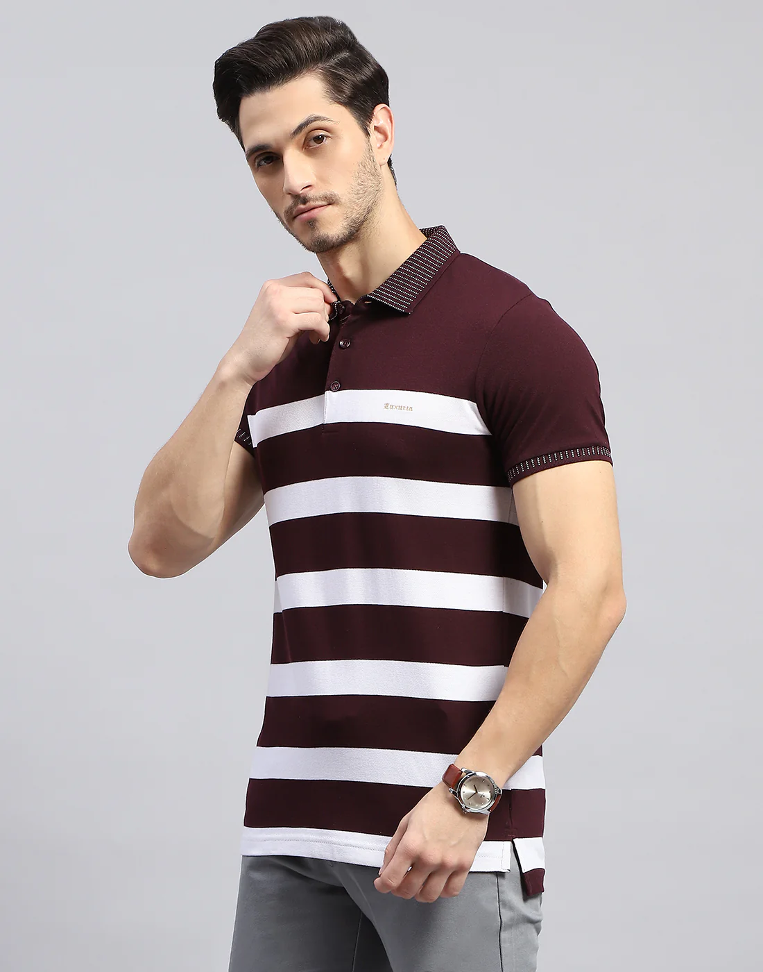 Men Maroon Stripe Polo Collar Half Sleeve T-Shirt - Image 4