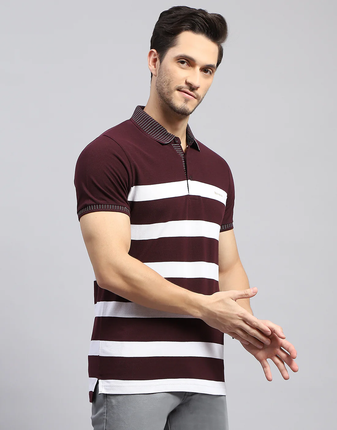 Men Maroon Stripe Polo Collar Half Sleeve T-Shirt - Image 5