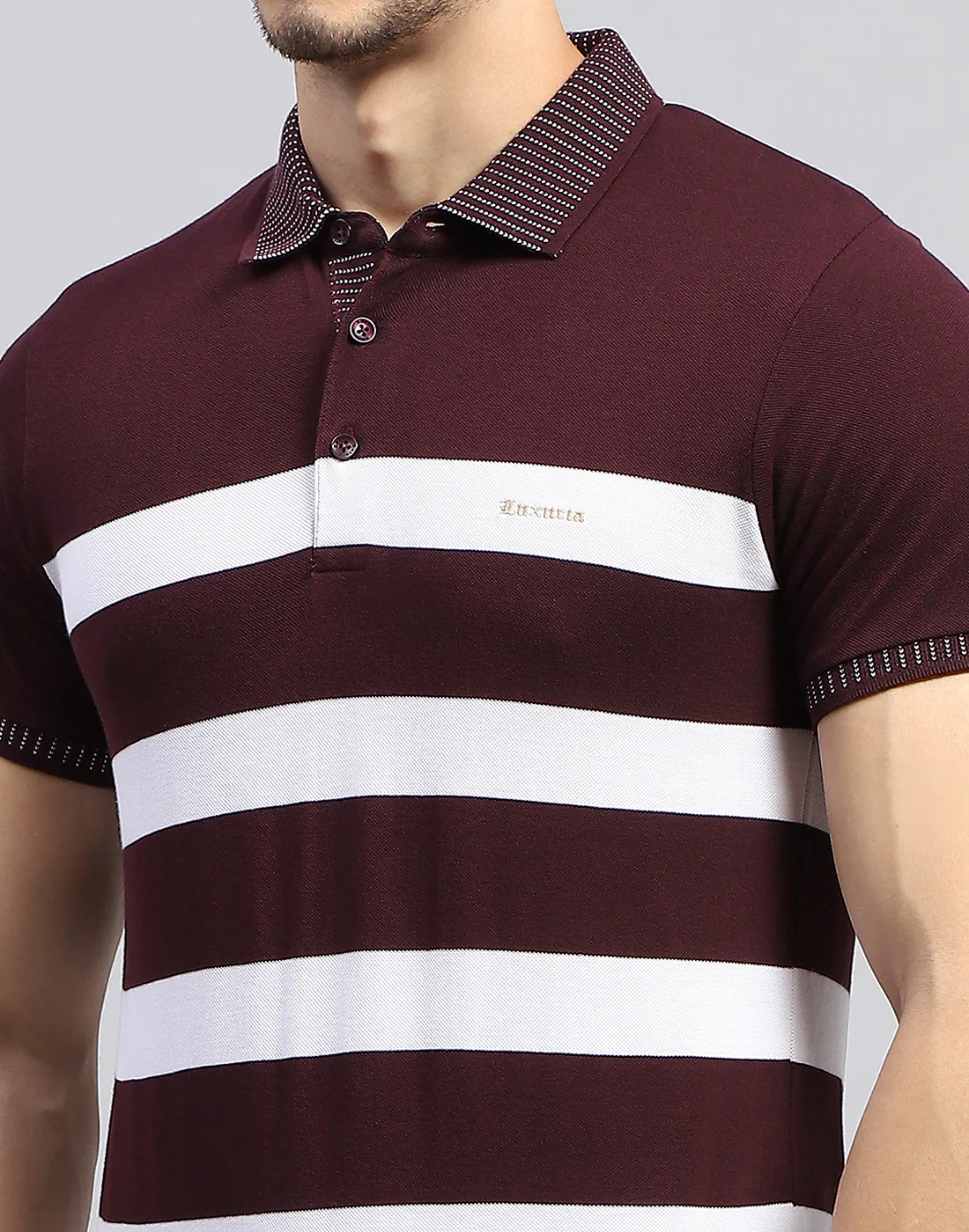 Men Maroon Stripe Polo Collar Half Sleeve T-Shirt - Image 7