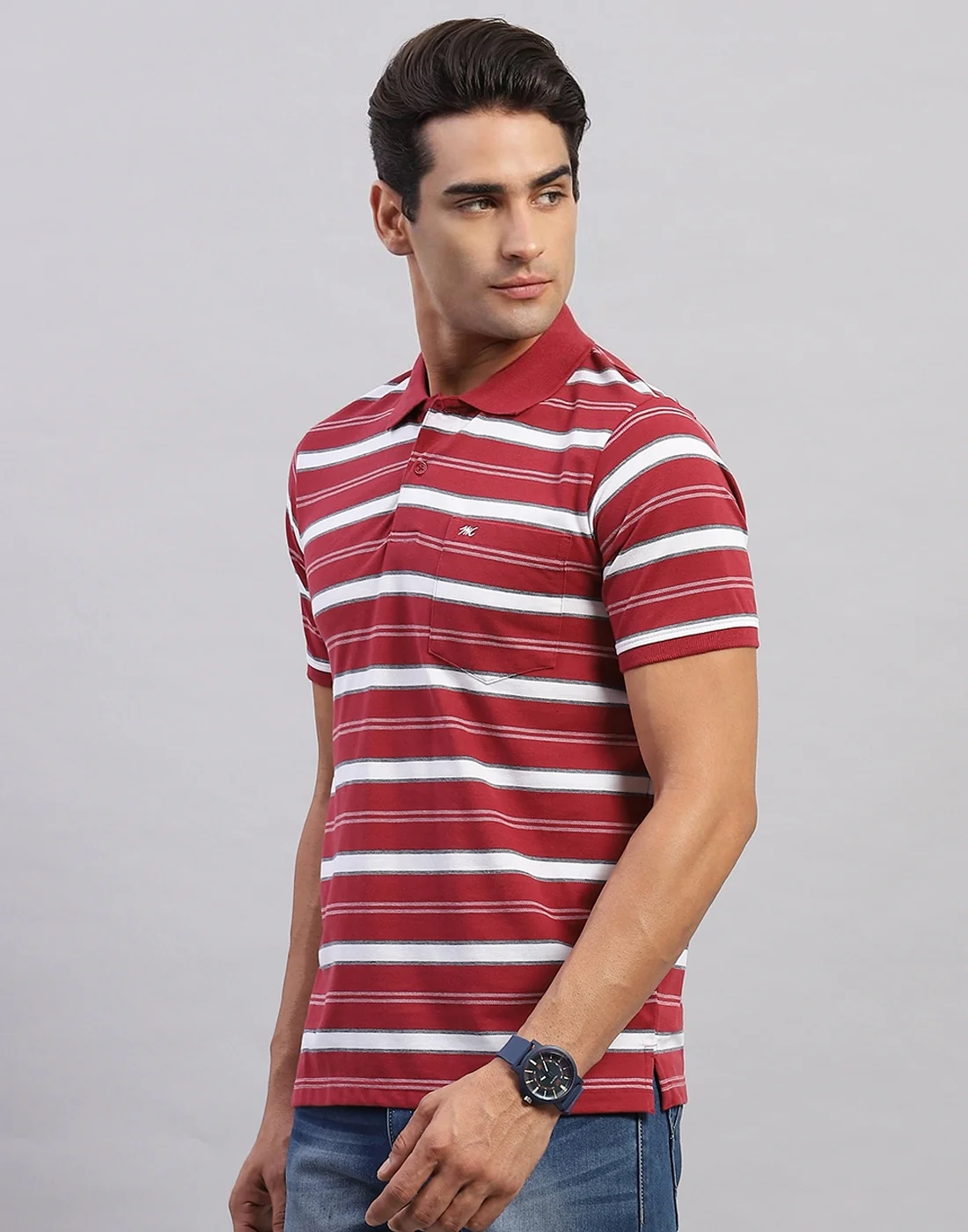 Men Maroon Stripe Polo Collar Half Sleeve T-Shirt - Image 3