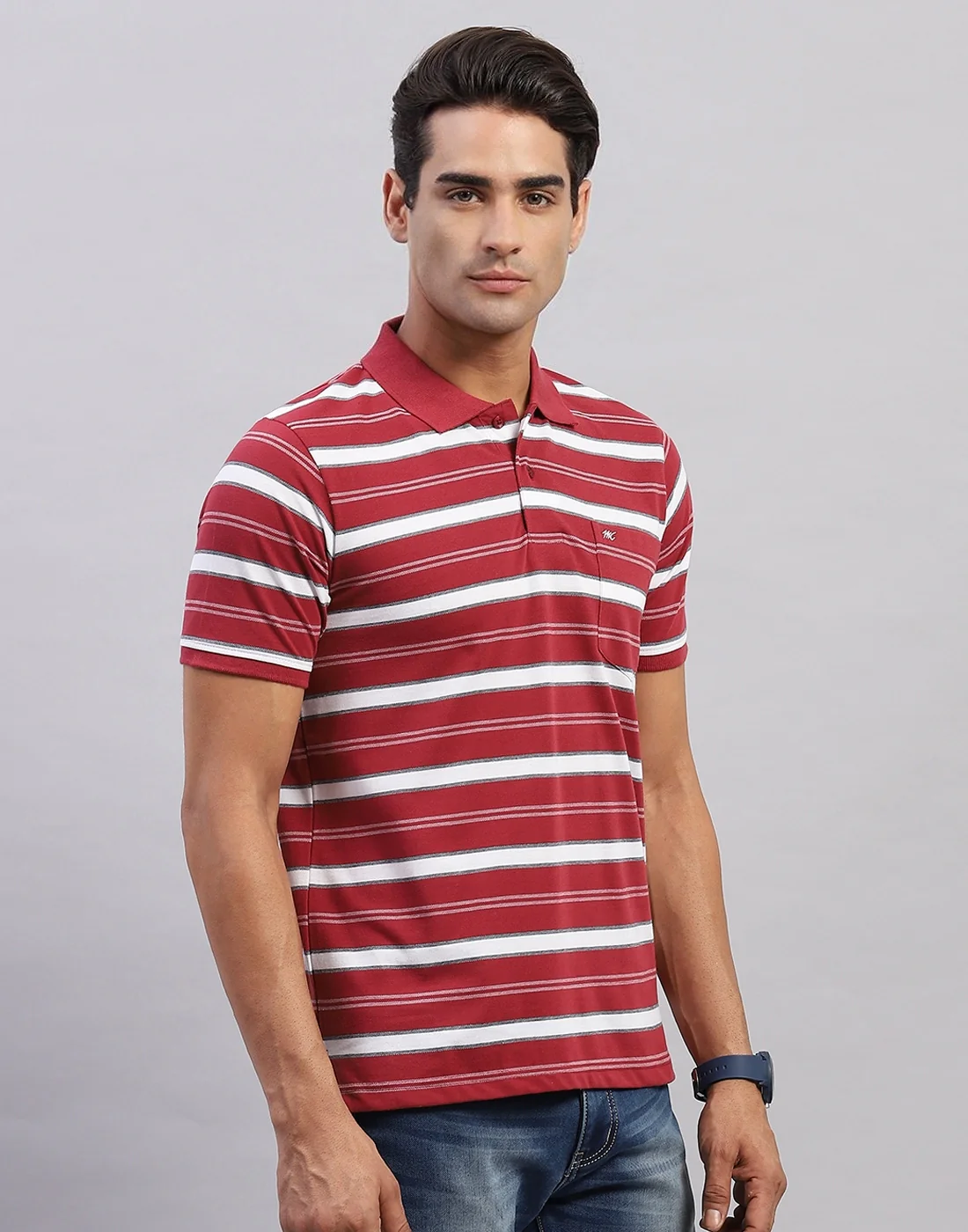 Men Maroon Stripe Polo Collar Half Sleeve T-Shirt - Image 4