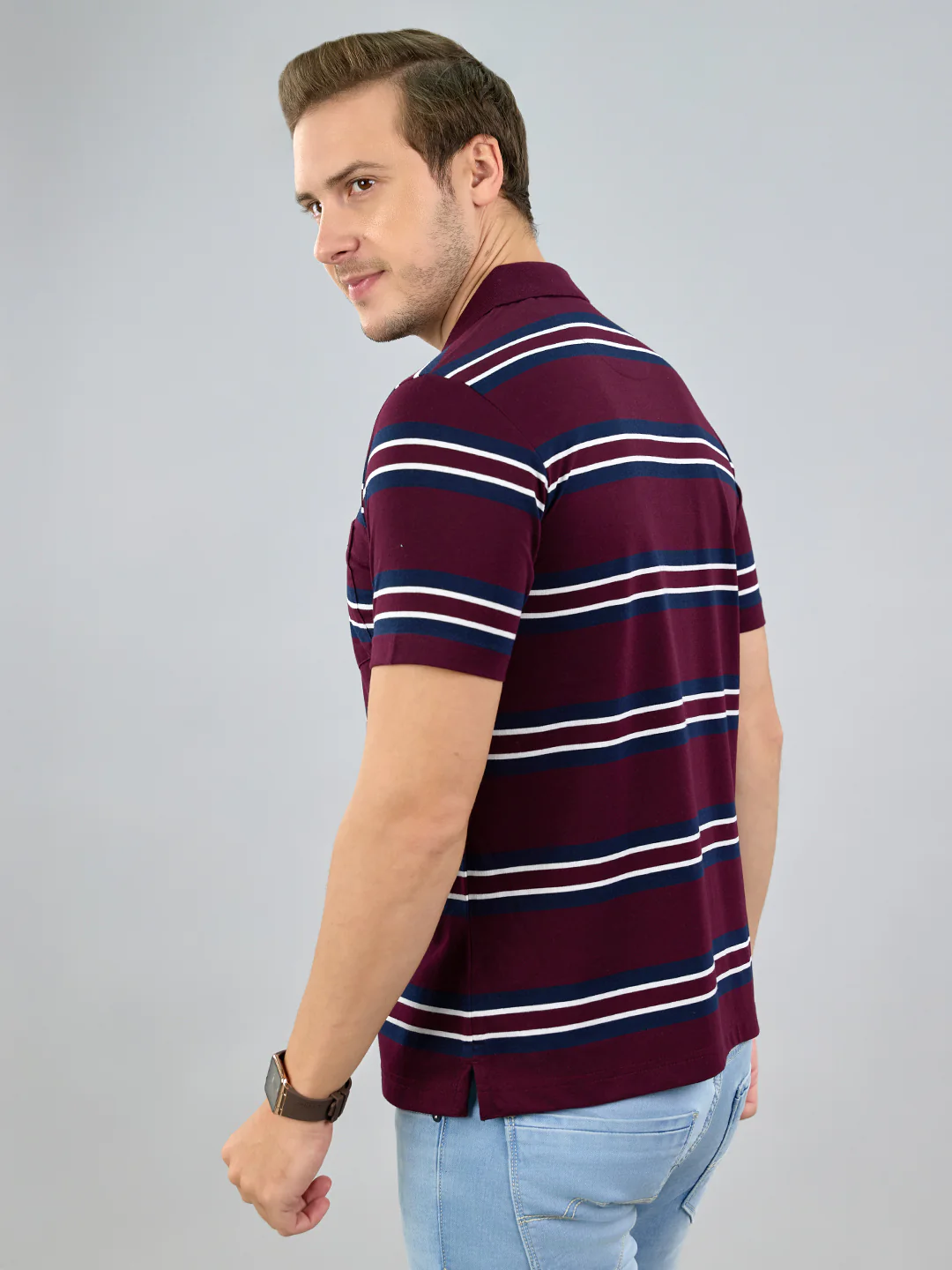 Men Maroon Stripe Polo Collar Half Sleeve T-Shirt - Image 4