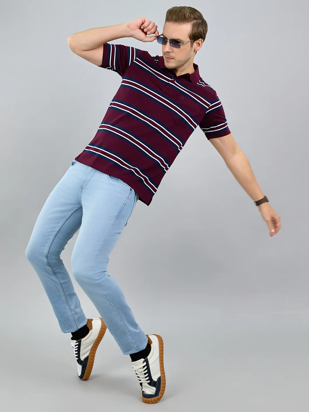 Men Maroon Stripe Polo Collar Half Sleeve T-Shirt - Image 6