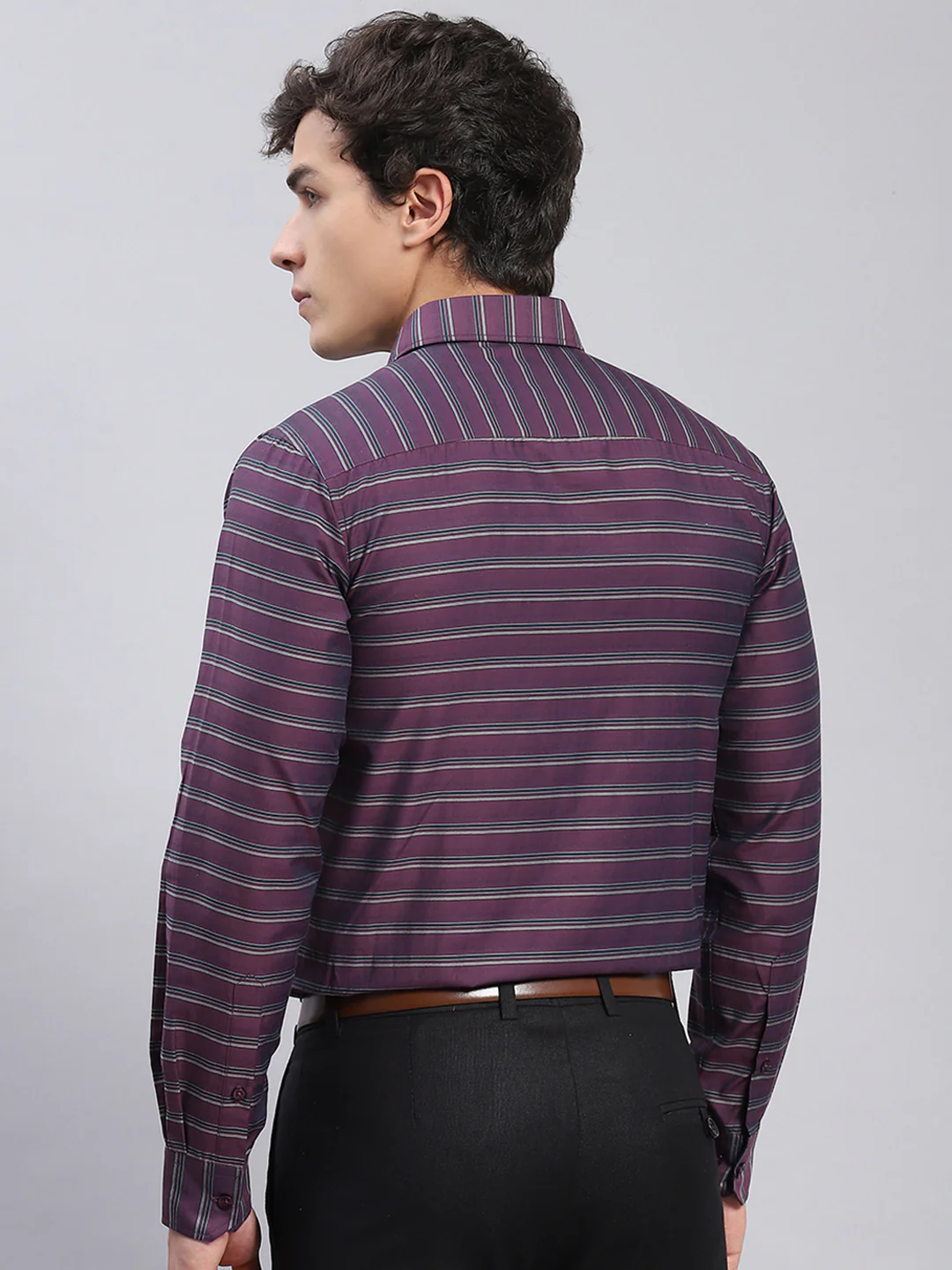 Men Maroon Stripe Spread Collar Full Sleeve Shirts - Image 4