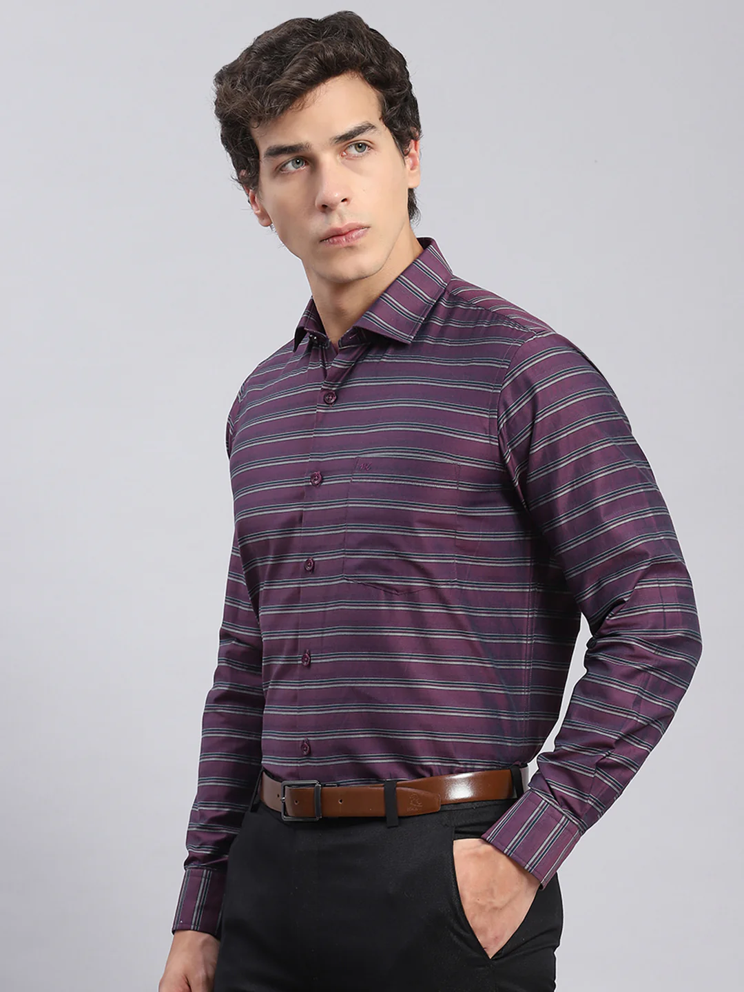 Men Maroon Stripe Spread Collar Full Sleeve Shirts - Image 6