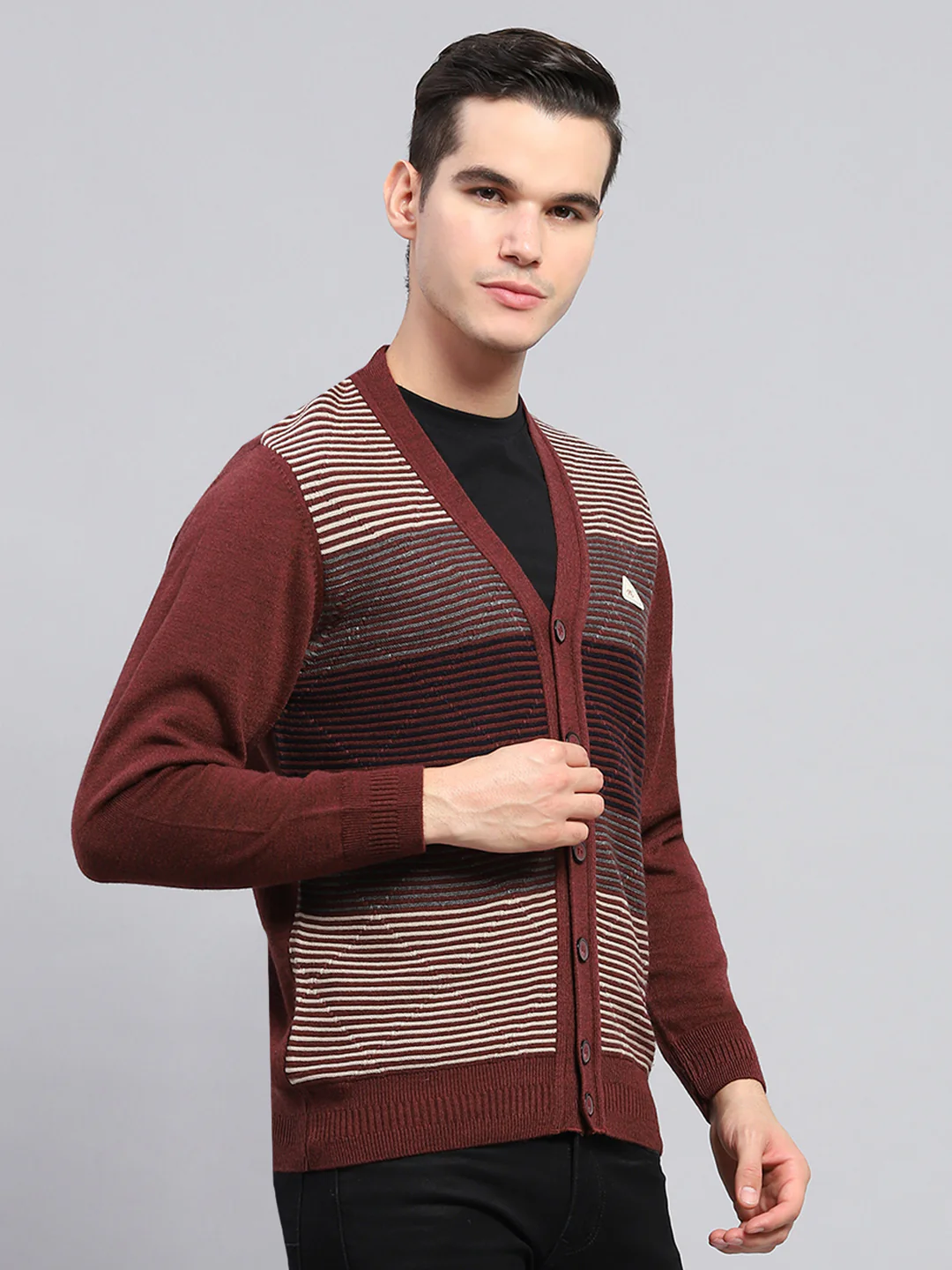 Men Maroon Stripe V Neck Full Sleeve Cardigan - Image 4
