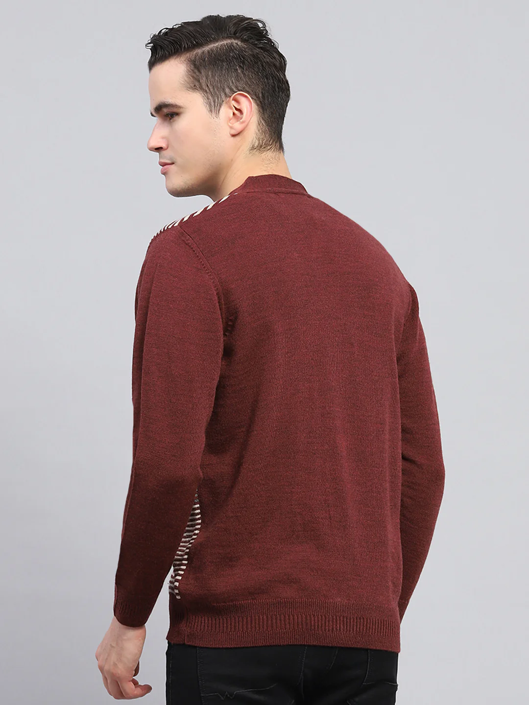 Men Maroon Stripe V Neck Full Sleeve Cardigan - Image 5