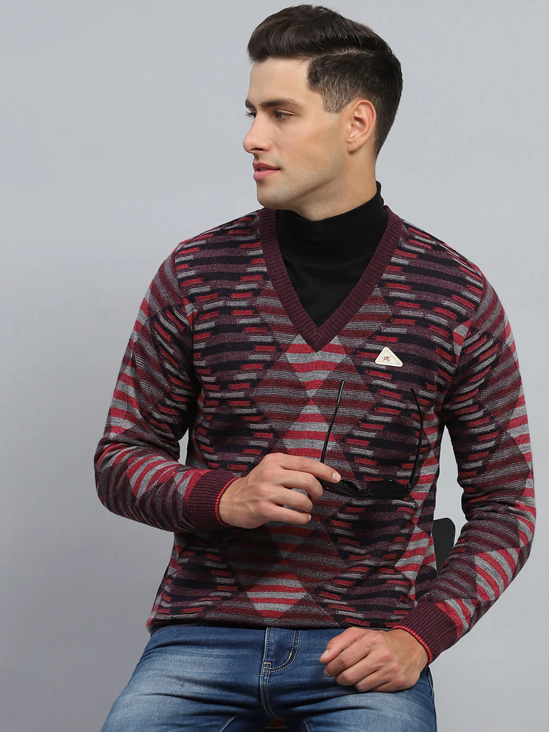 Men Maroon Stripe V Neck Full Sleeve Pullover - Image 6