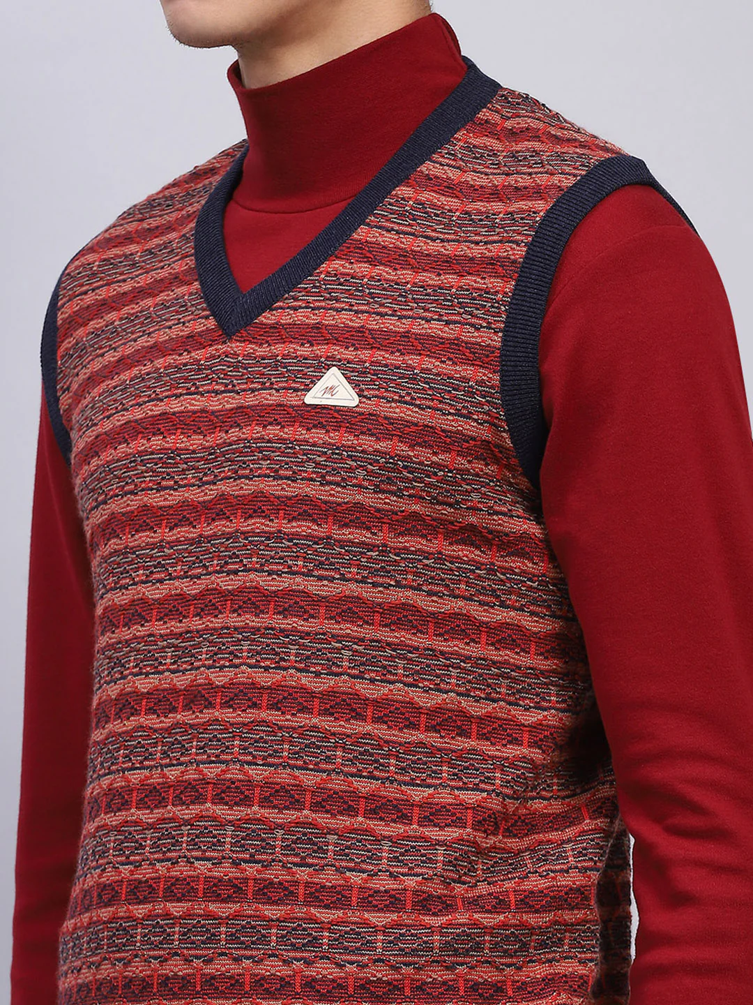 Men Maroon Stripe V Neck Sleeveless Sweater - Image 6